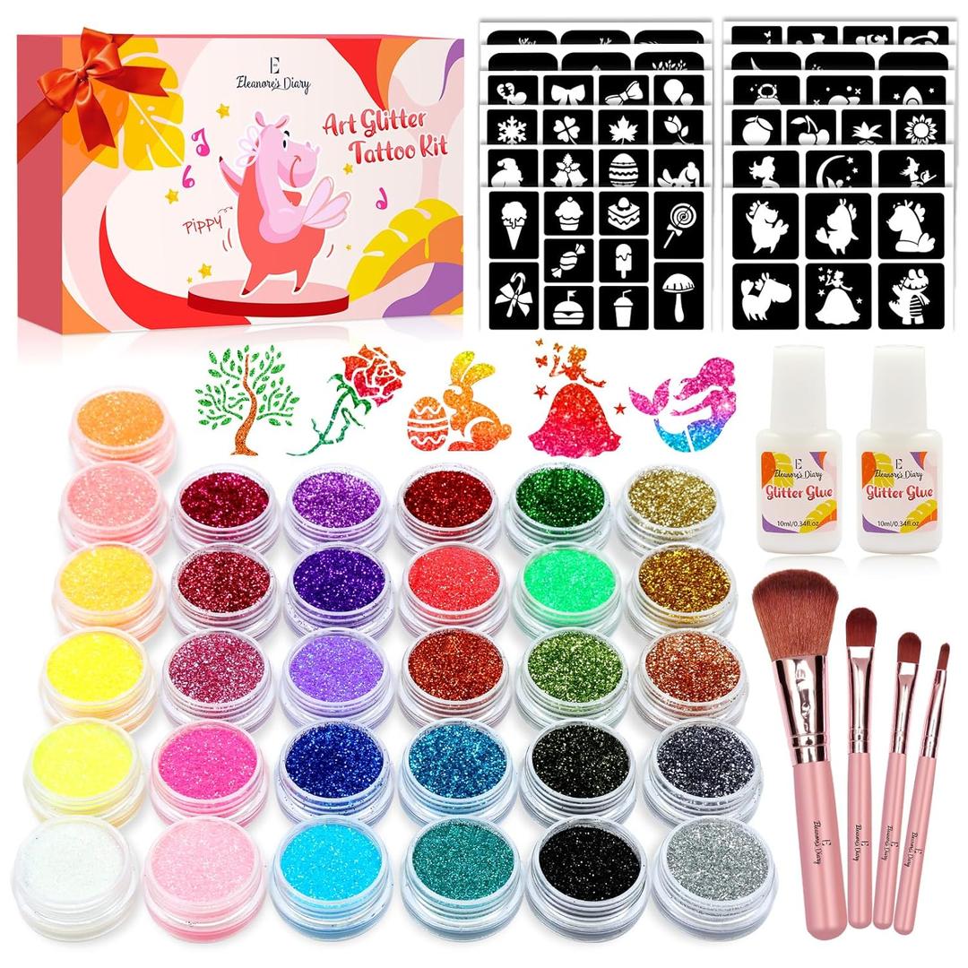 Temporary Glitter Tattoo Kids, Eleanore's Diary 31 Glitter Colors,165 Unique Stencils,2 Glue,4 Brushes,Adults & Kids Arts Glitter Make Up Kit, Gifts for Girls Boys Birthday Party Summer Festival