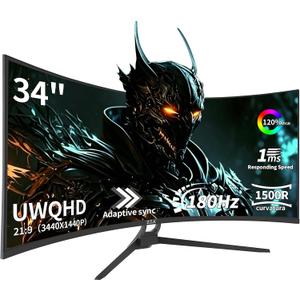 ZZA 34 Inch Curved Monitor Ultrawide 180HZ|165Hz, WQHD 3440x1440 (21:9) 1500R, 1ms (OD), HDR10 300nits, 120% sRGB, FreeSync & G-Sync, PIP/PBP, HDMI 2.1 x2 / DP 1.4 x2, VESA Mount Compatible