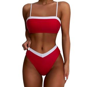 SUUKSESS Women Sexy Bandeau High Waited Two Piece Bikini Sets Cheeky High Cut Swimsuit Color Block Bathing Suit (Red White, Small)