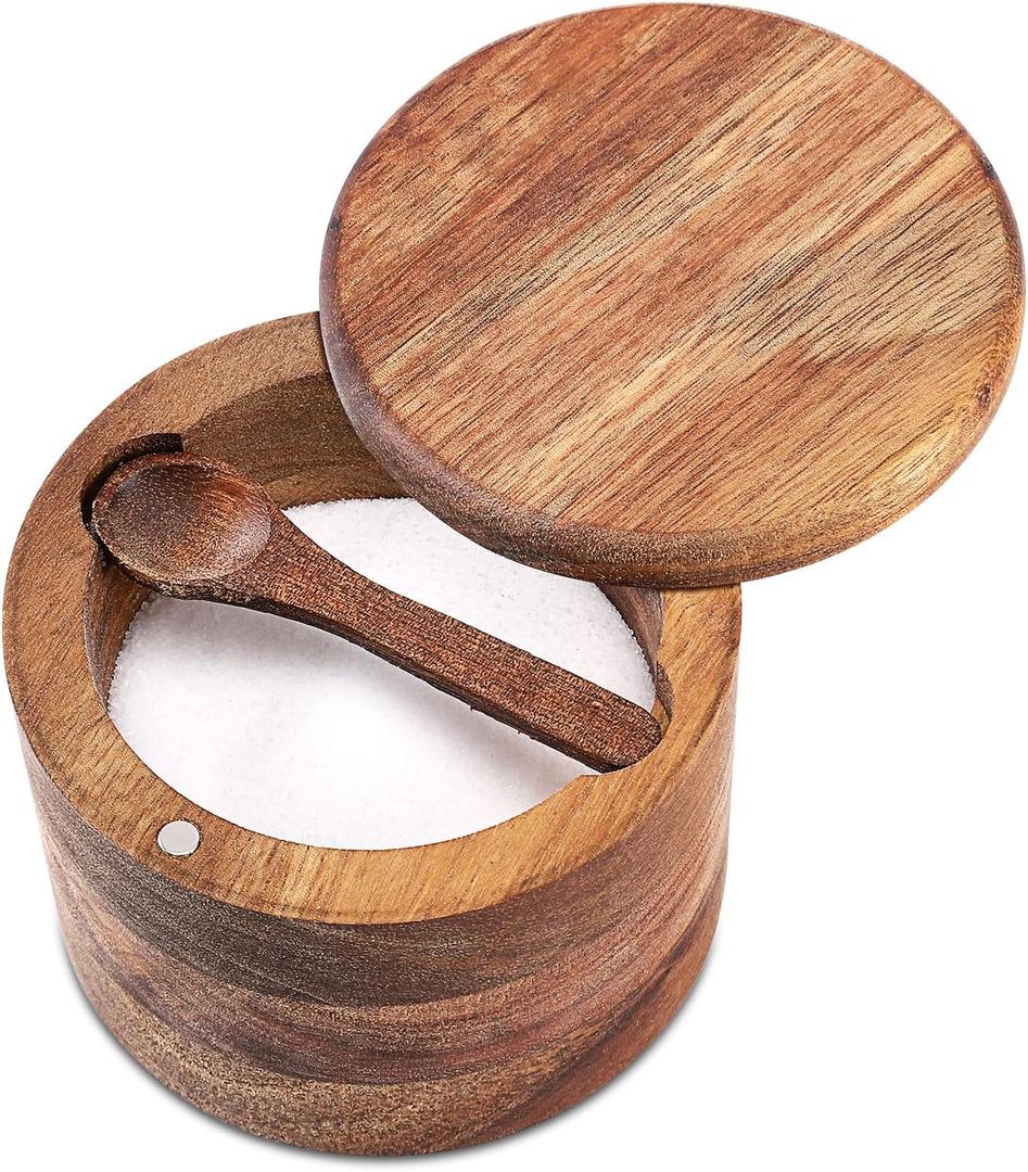 Acacia Wood Salt and Pepper Bowl, Nature Wood Salt Cellar and Spices Storage Box With Built-in Spoon and Magnetic Swivel Lid (Single Compartment 6.5 oz)