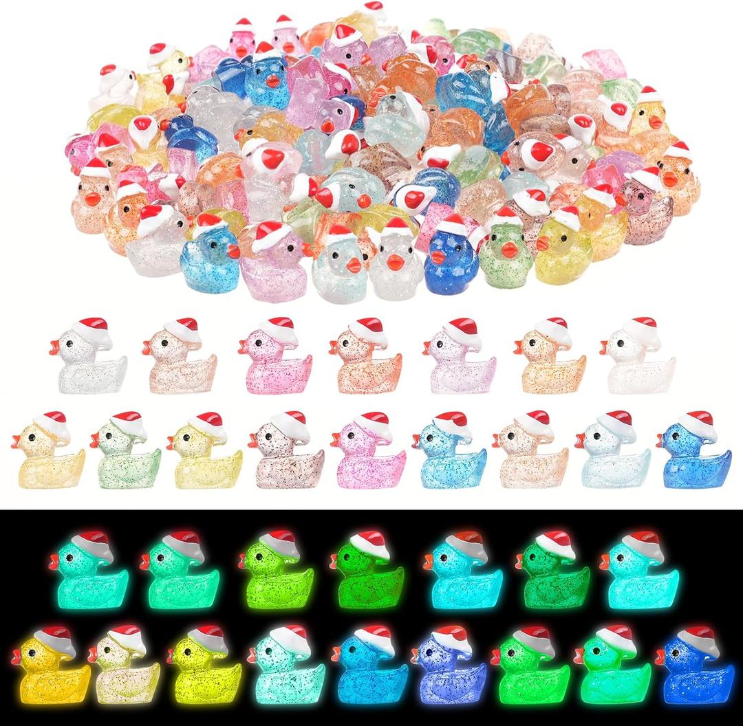 160 Pcs Mini Christmas Glitter Ducks Glow in The Dark Luminous Tiny Resin Ducks Small Duck Figurines for Xmas Tree, Dollhouse Micro Garden Landscape Aquarium Decoration Crafts