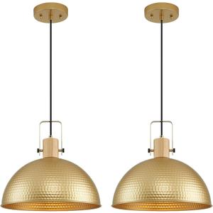 16 Inch Gold Pendant Lights Hammered Matte Pendant Lights for Kitchen Island Industrial Farmhouse Adjustable Height Dome Hanging Light Fixtures for Barn, Dining Room 2 Packs