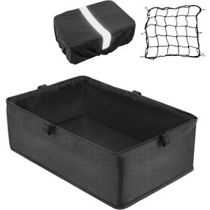 DIRZA Bike Basket Liner with Waterproof Cover and Cargo Net, Heavy Duty Thickened Oxford Cloth Black Basket for Rear Bike Rack (16.5" x 11.6" x 5.5")
