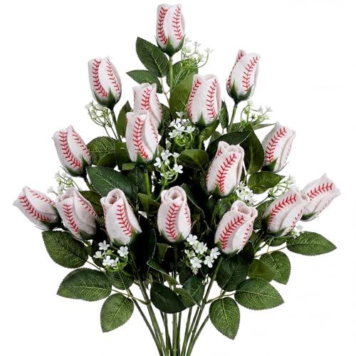 Juinte 12 Pcs Baseball Rose with Leaves Bulk Artificial Fake Flower Decor Sports Flower Bouquet Gifts for Table Centerpieces for Coach Team Player Fans Sports Theme Party Favors