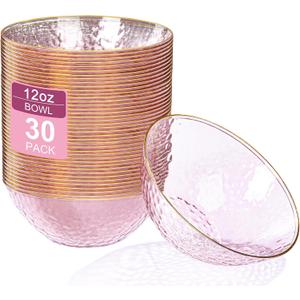Rubtlamp 30 Pack Clear Pink Disposable Bowls, Clear Plastic Bowls with Gold Rim, 12-16oz Premium Heavy Duty Plastic Dinner Bowls for Party, Wedding and Holiday