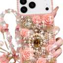 Changjia for iPhone 17 Pro Max Glitter Bling Case,Cute Luxury 3D Sparkle Queen Crystal Rhinestones Flowers Diamond Pearl Gems with Lanyard Wrist Strap Women Girls Phone Case for iPhone 17 Pro Max,Pink