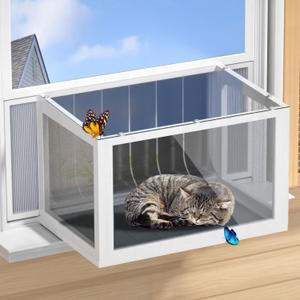 Cat Window Box Catio, Outdoor Indoor Cat Enclosure with Clear Panels, Mesh Sides & PVC Curtain, Universal Window Perch for Windows 25"43", Window Catio for Sunbathing, Napping & Overlooking,Grey