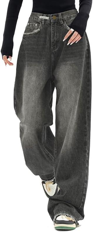 EMMIOL Jeans for Women Wide Leg Baggy Jeans High Waist Y2K Cargo Pants Casual Loose Boyfriends Trousers Vintage Streetwear (Large, Dark Grey)