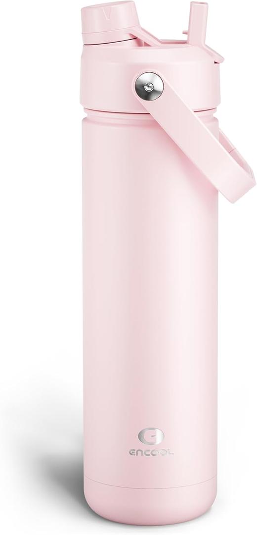 ENCOOL Insulated Water Bottle with Straw Stainless Steel Water Bottle, Leak-Proof, BPA-Free, Double Wall Vacuum Keeps Cold for 24 Hours for Sports, Travel, School (26 oz, Cotton Candy)