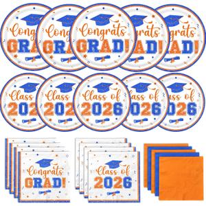 Graduation Decorations 2026,Orange and Blue Graduation Plates and Napkins 2026,200pcs Class Of 2026 Party Decorations Tableware for Graduation Party Supplies,Serve 50 (Orange and Blue)