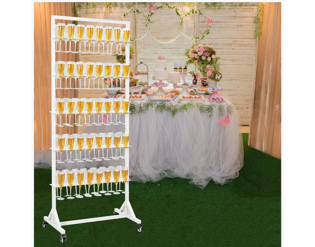 Champagne Wall Holder for Party Holder Up to 80 Cups, 5 Layer Movable Champagne Flute Holder Display, Metal Champagne Wall Stand, Drink Wall for Wedding, Bar Decor White 26"D x 16.5"W x 63"H