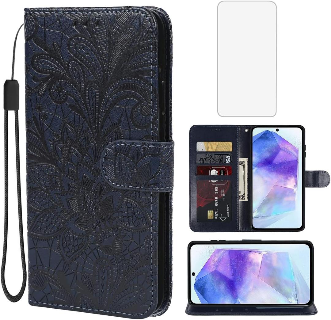 Case for Galaxy A55 5G Case,Samsung A55 SM-A556U Wallet Case with Tempered Glass Screen Protector, Lace Flower PU Leather Flip Credit Card Holder Phone Cover for Samsung Galaxy A55 5G Dark Blue