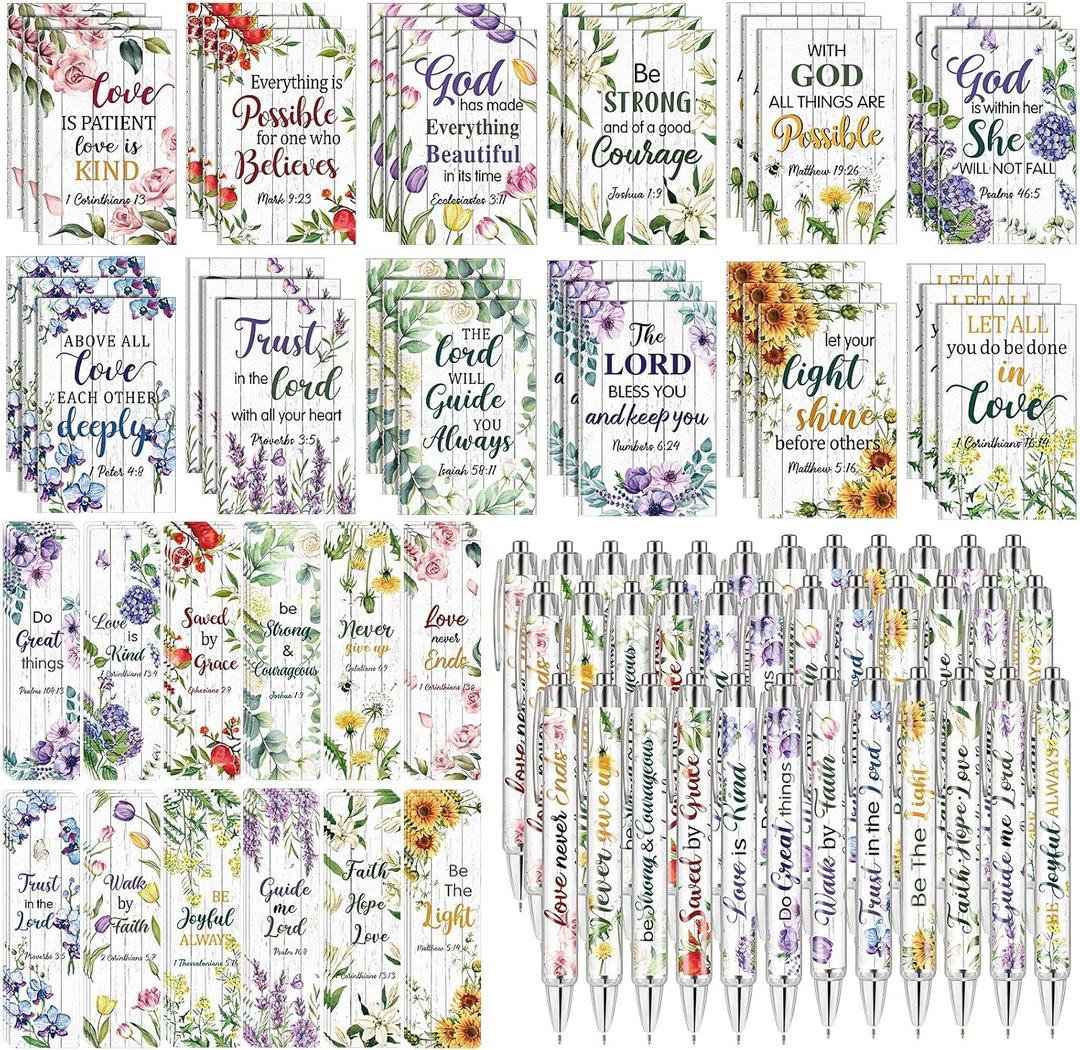 Seajan 108 Pcs Bible Verse Gift Set Bulk, 36 Notepads 36 Pens 36 Bookmarks Scripture Gifts for Church Sunday School VBS Women Men, Christian Party Favors Religious Inspirational Gifts