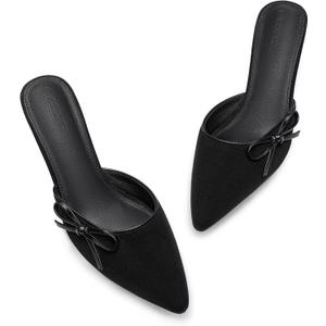 Coutgo Womens Kitten Heels Bow Tie Mules Two Tone Closed Pointed Toe Slip On Backless Wedding Dress Shoes Pumps (9.5, Cool Black)