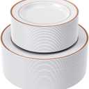 FOCUSLINE 120Pcs Rose Gold Plastic Plates, Disposable White and Rose Gold Rim Plastic Plates, Including 60 Dinner & Dessert Plate, Elegant Fancy Heavy Duty Wedding Party Plate