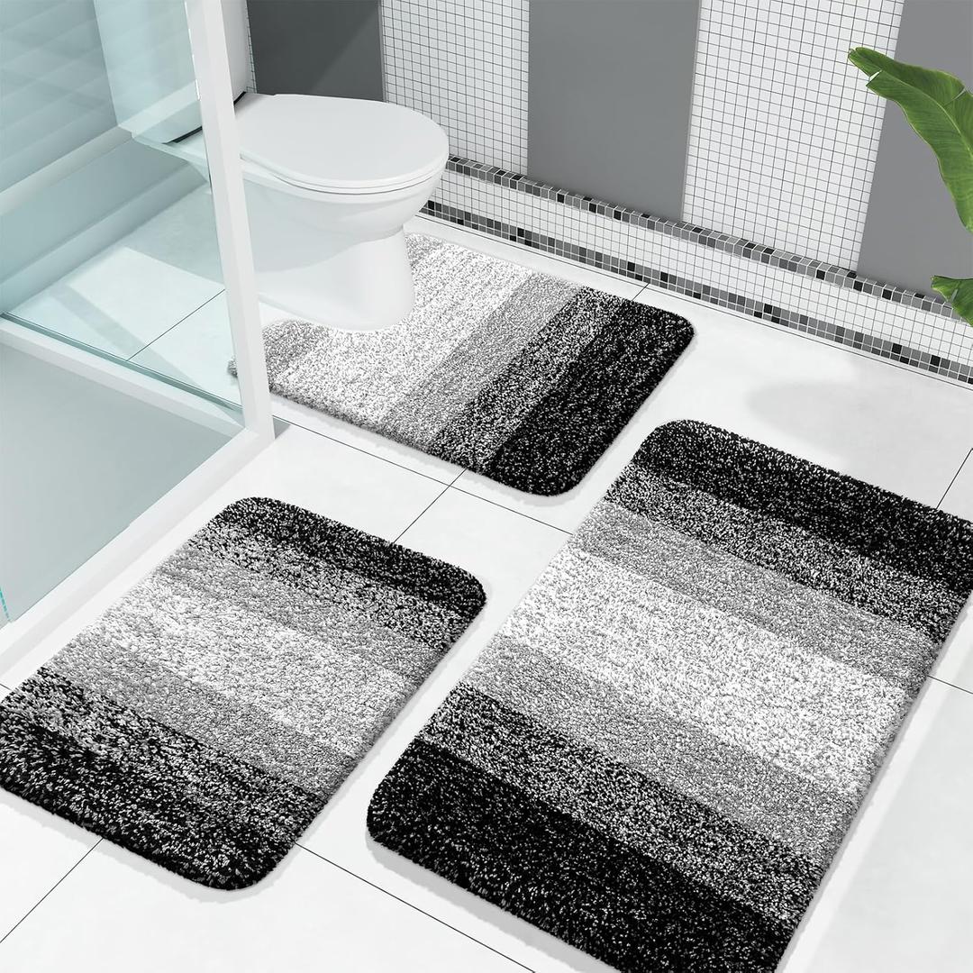 OLANLY Bathroom Rugs Sets 3 Piece, Soft Absorbent Microfiber Bath Mats and U-Shaped Contour Toilet Rug, Plush Shaggy Bath Mat Set for Bathroom (30"x20"+24"x16"+24"x20", Black) (30" x 20" + 24" x 16" + U Shape 24" x 20")