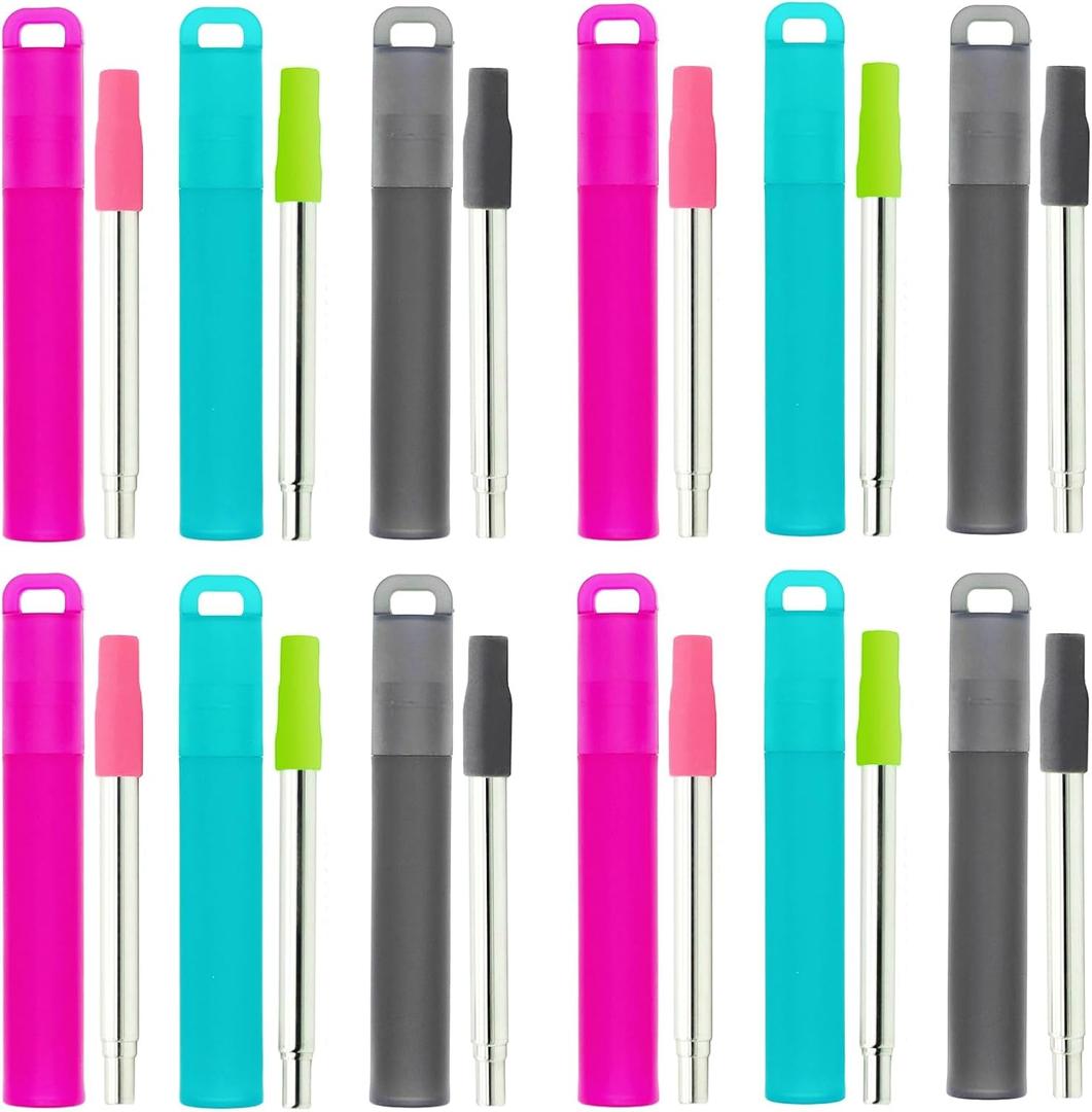 NAIVELY-Reusable Straws 12 Pack Collapsible Portable Stainless Steel Straws, with Plastic Housing Silicone Tips and Cleaning Brush, Retractable Travel Straw ((Gray, red, blue)*4)