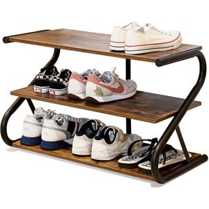 3-Tier Shoe Rack, Wooden Shoe Storage with S Shape Heavy Duty Metal Free Standing, Shoe Organizer Shelf for Entryway, Living Room, Closet, Bedroom (Rustic), 11.81 x 25.78 x 15.86 Inches