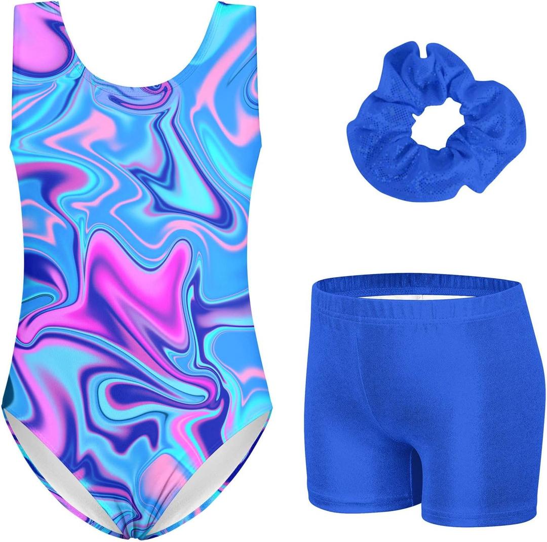 Vogseek Gymnastics Leotard for Girls in 3D Print Marbling Ballet Dance Clothes 11-12T Tumbling Light Blue Gymnastics Outfit Cover-up Shorts Activewear