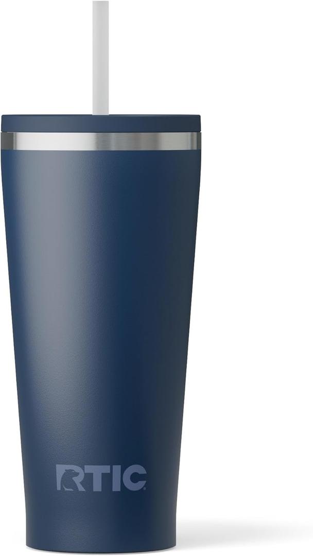 RTIC 20oz Everyday Tumbler Insulated Stainless Steel Portable Travel Coffee Cup with Straw, Ceramic Lining, Spill-Resistant Lid, BPA-Free, Hot and Cold Drink, Navy