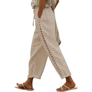 PIDOGYM Women's Linen Capri Pants, Lightweight Casual Summer Pants with Drawstring Elastic Waist (XL)