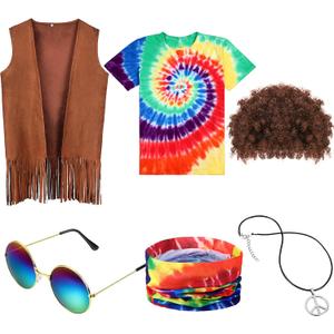 Sintuff 6 Pcs Men's Hippie Costume Set Hippie Fringe Vest Accessories for 60 70s Carnival Party Halloween Outfits (XX-Large)