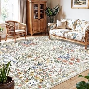 8x8 Square Area Rug Living Room, Non-Slip Floral Washable 8ft Square Rug Low Pile Thin Indoor Carpets for Dining Room Bedroom Office High Traffic Area Boho Vintage Home Decor (8ft Square, Beige)