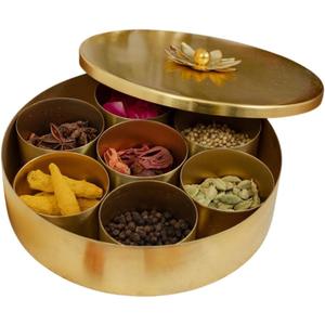 Marble Lotus Handcrafted Brass Masala Dabba – 7 Compartment Indian Spice Box Set for Kitchen with Lid & Spoon | Traditional Kitchen Storage Organizer for Spices, Herbs & Seasonings, Medium