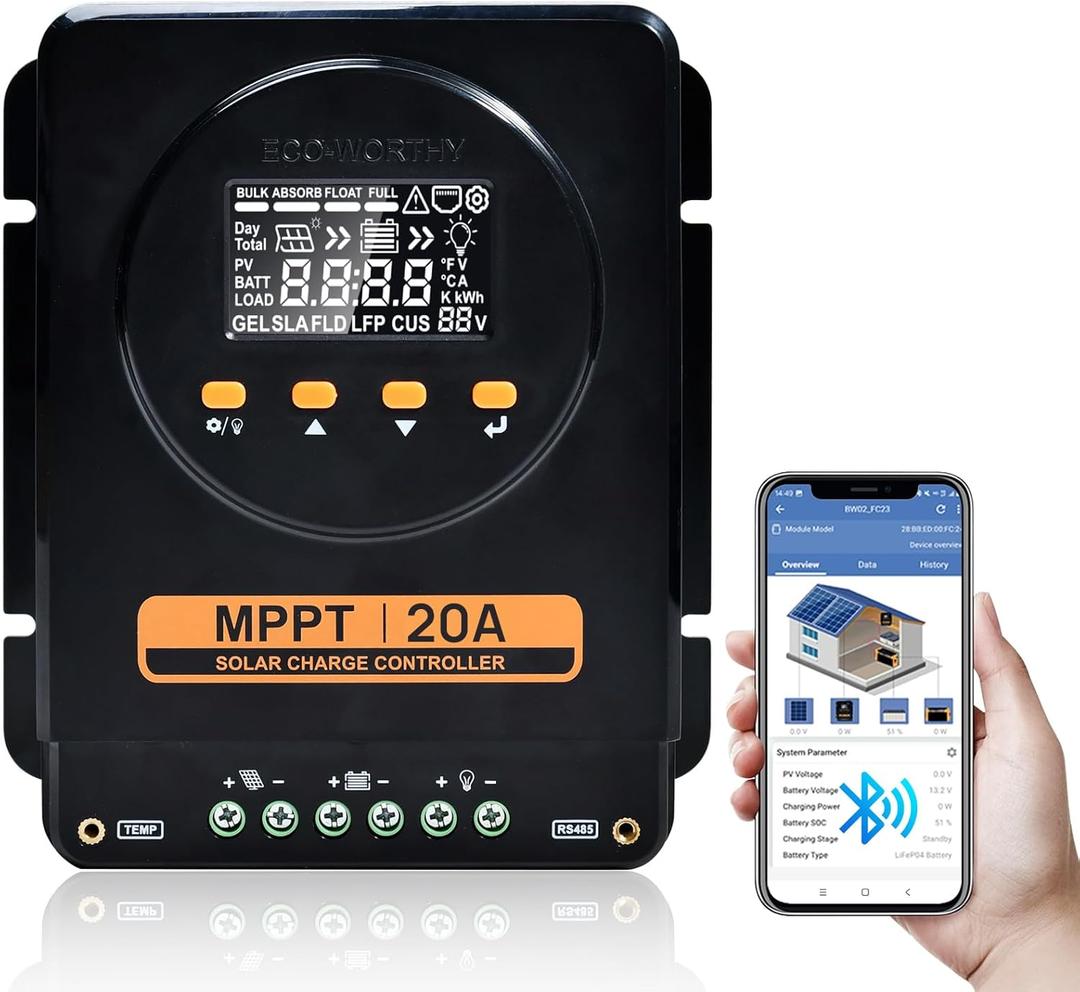 ECO-WORTHY MPPT Solar Charge Controller 12V/24V 20A,Bluetooth & APP Monitoring, LCD Display, Solar Panel Regulator for Gel, SLA, FLD, LFP Battery in Solar System, RV