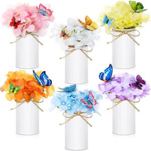 6 Sets Flower Table Centerpieces Artificial Hydrangea Flowers with Metal Pots and 3D Butterflies for Home Office Wedding Bridal Tea Party Table Decor(White Pot)