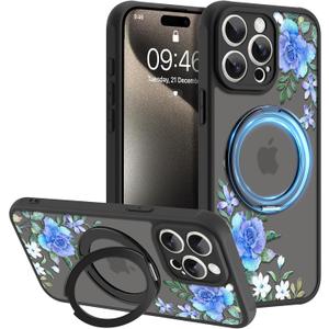 AIGOMARA 360 Spin Magnetic Stand for iPhone 15 Pro Case,Compatible with MagSafe,Flower Pattern with Soft TPU and PC Back Protection Semi-Transparent Frosted Design for Women Blue