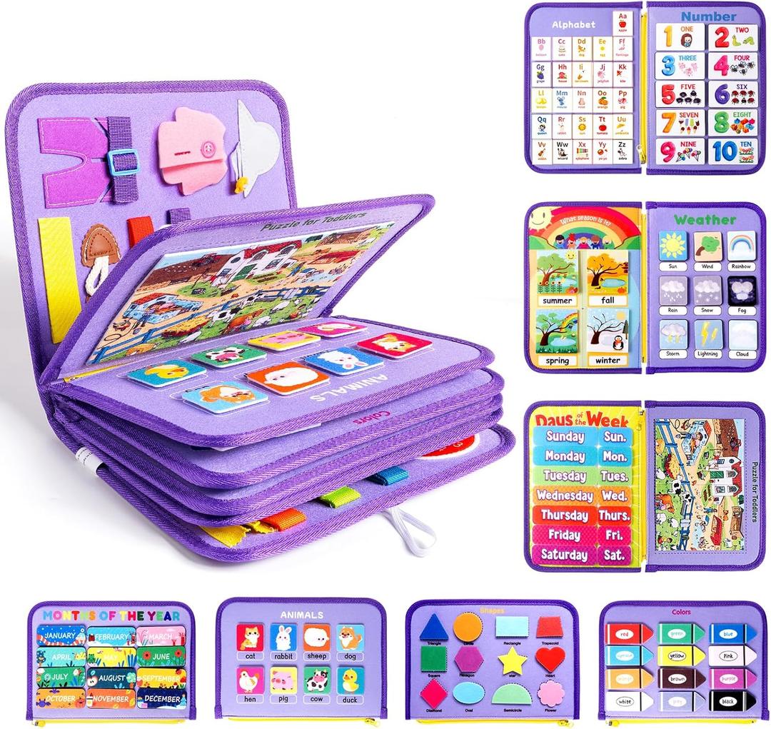 Toddler Busy Board, Montessori Busy Book for Kids, 12-Page Quiet Educational Activity Book, 24 in 1 Learning Sensory Toys for Motor Skills, Travel Toy for Car Airplane, Girl Birthday Gift (Mermaid)