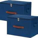 2 Pack Storage Bins with Zipper Lid Cotton Linen Fabric Lidded Storage Baskets Boxes Foldable Washable Closet Shelf Clothes Organizer Container with PU Leather Handles (Deep Blue, Large)