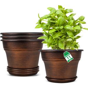 Plant Planters Pots Set of 4 Pack 11 Inch, Plastic Flower Pot For Indoor Plants With Drainage Holes & Trays, Resin Decorative Container Sets With Saucer For House Outdoor Garden Planters Copper