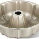 TeamFar 10 Inch Nonstick Cake Pan, 10 Cups Fluted Tube Cake Pan for Baking, Heavy Duty Carbon Steel Round Baking Tray for Making Jello/Monkey Bread/Chocoflan, Non Toxic, Easy Clean-Champagne Gold