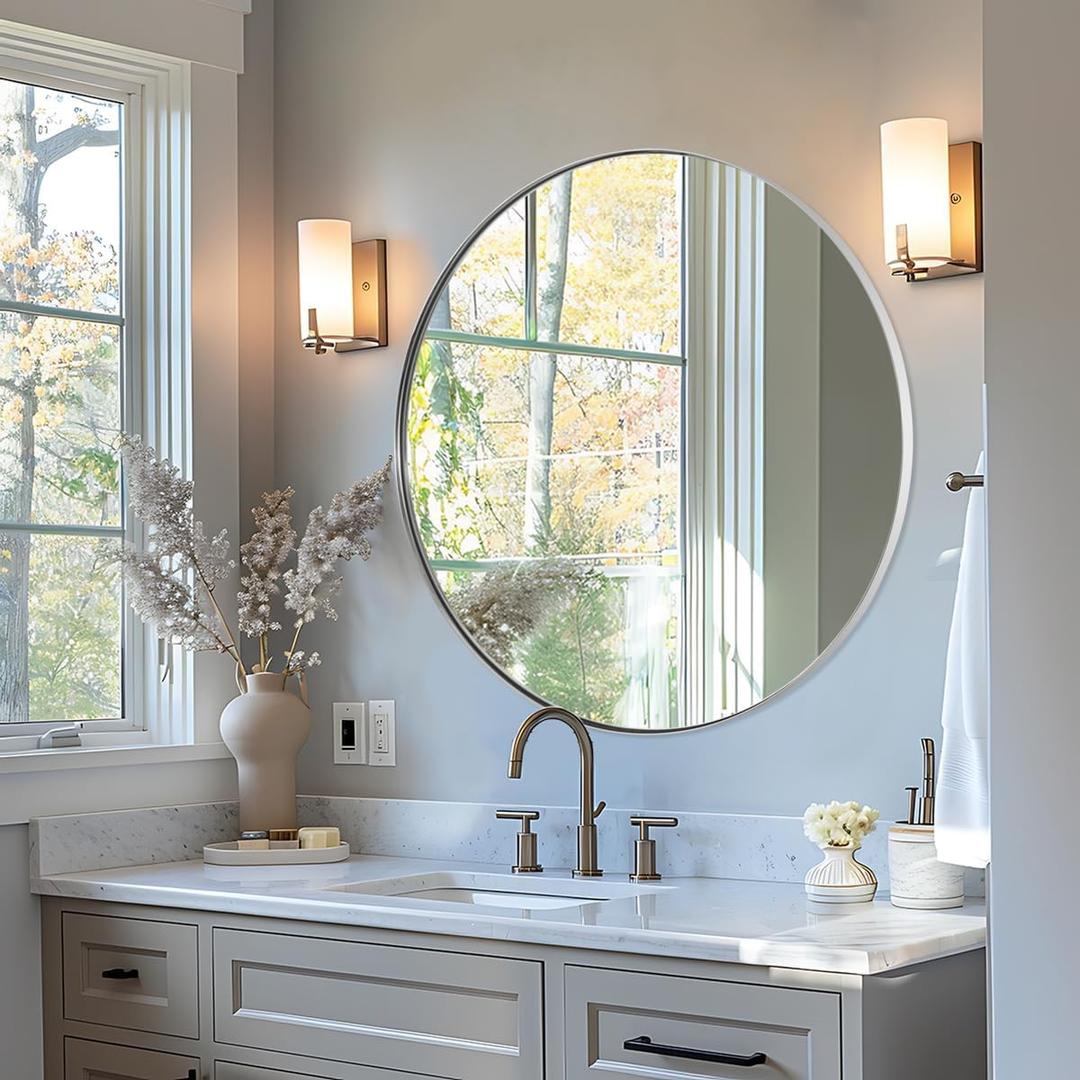 ANDY STAR Silver Round Mirror, 32" Brushed Nickel Bathroom Mirror, Stainless Steel Metal Framed Circle Wall Mirrors, Large Modern Vanity Mirror for Entryway, Living Room