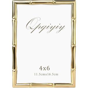 Metal Gold 4x6 Picture Frame with Bamboo Design Real Glass Picture Frames Wall Hanging or Tabletop, Vertical or Horizontal Display