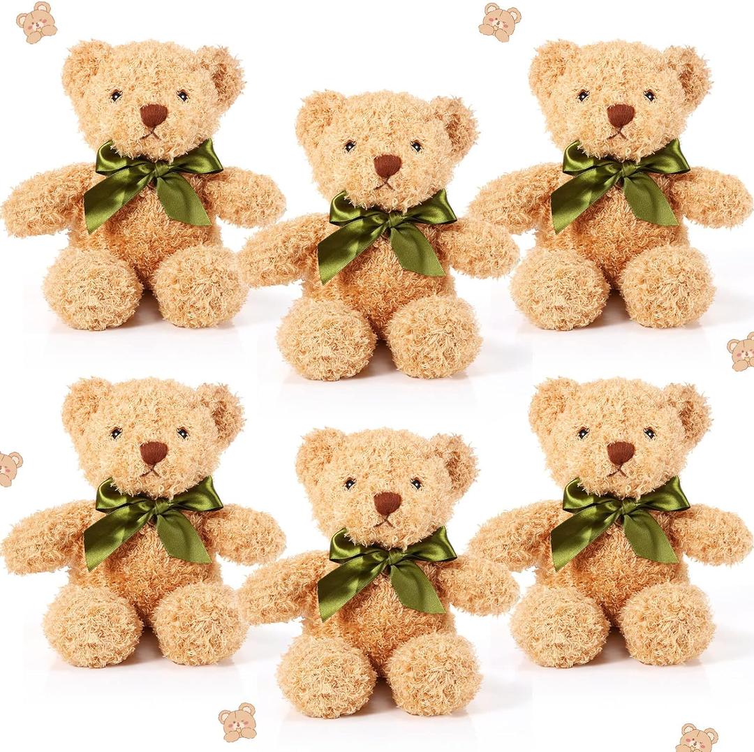 HyDren 6 Pcs Bear Stuffed Animal Plush Toys Soft Plush Dolls Bear Sleeping and Playing Toys for Baby Shower Decoration Boy( Fuzzy Style, Brown)