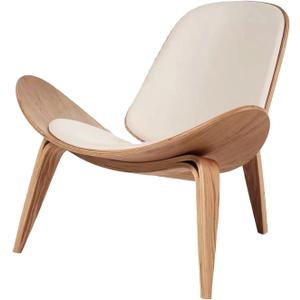 Hans Wegner Style Three- Legged Shell Chair Ash Plywood White Faux Leather Accent Chair Living Room Furniture Mid-Century Modern Shell Chair (Wood Color-White)