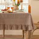 Brown Plaid Ruffled Table Cover Linen Rectangle Gingham Tablecloth Classic Farmhouse Vintage Checkered Table Cover Decorative Buffalo Plaid for Home Holiday Party 120 x 67Inches (Coffee)