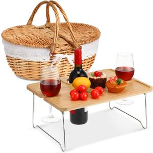 Picnic Basket with Foldable Wine Table Kit, Handmade Wicker Basket with Lid Handle Portable Bamboo Tray Table for 2 Outdoor Camping Picnic Wine Set Gift for Couples (White) Picnic Basket with Foldable Wine Table Kit, Handmade Wicker Basket with Lid Handle Portable Bamboo Tray Table for 2 Outdoor Camping Picnic Wine Set Gift for Couples (White)
