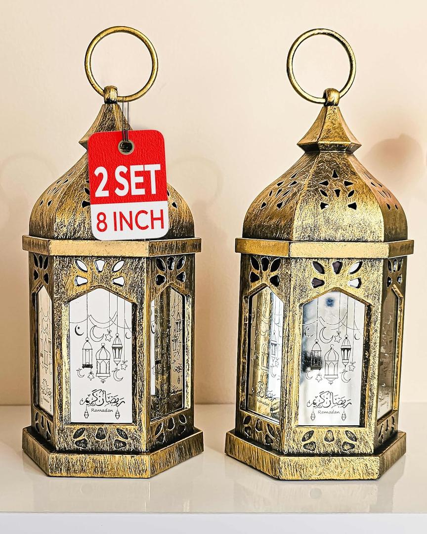 OLEEK Ramadan Lantern Lights (2PCs-8in)- Ramadan Decorations for Home 2026 - Ramadan Decor - Ramadan Lights - Ramadan Lanterns Decorative - Ramadan Lanterns for Kids - Ramadan Decoration   (Gold)