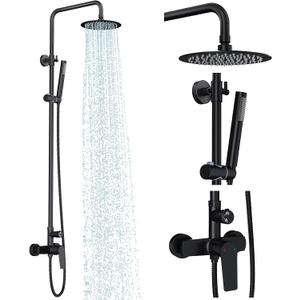 Rainsworth Outdoor Shower Kit Matte Black - Single Handle Brass Valve, 8 Inch Rain Shower Head and Handheld Spray Shower Fixture Combo, 304 Stainless Steel Wall Mount