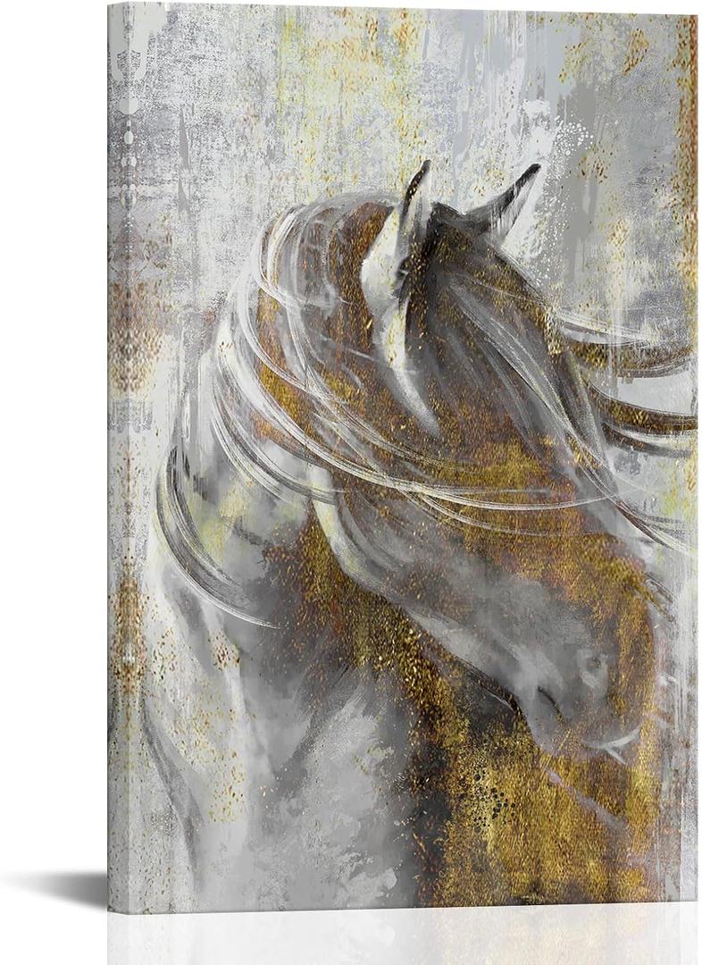 LoveHouse Horse Wall Art Abstract Gold Grey Horse Canvas Paintings Modern Horse Wall Decor for Living Room Bedroom Office Framed 24"x36"