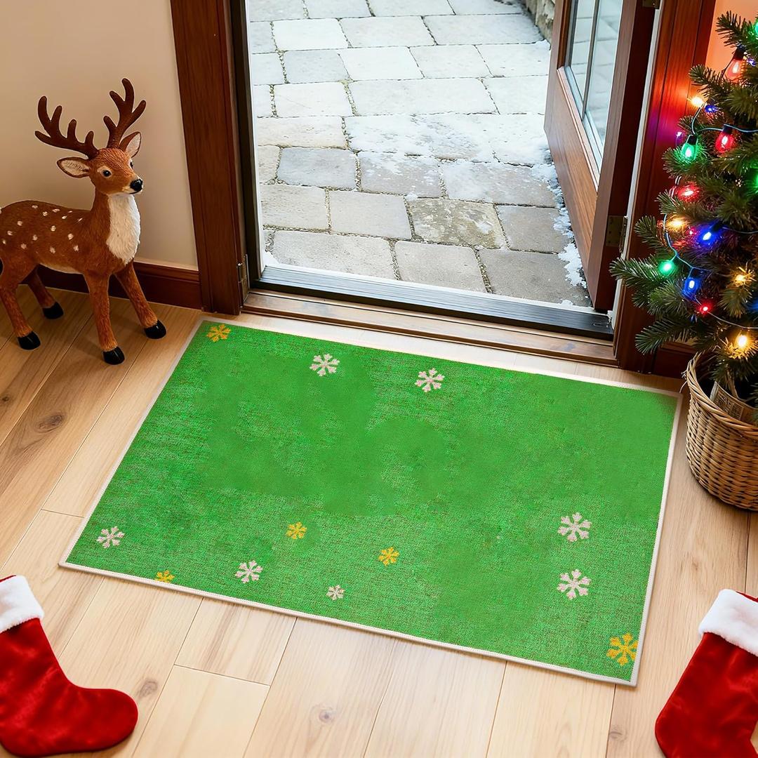 1Pcs Christmas Kitchen Mat Green Bathroom Rug, Non Slip Washable Rugs Xmas Door Mat Floor Mats for Bedroom Laundry Holiday Home Decor (Green)