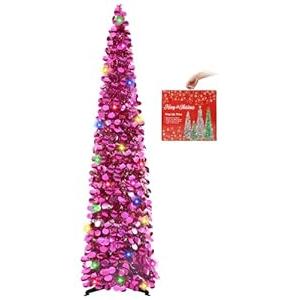 MACTING Pop Up Christmas Tree with 50 LED Lights 5FT Collapsible Tinsel Pencil Tree Easy-Assembly Coastal Glitter Artificial Tree for Porch Apartment Corner Home Holiday Party Xmas Decorations, Magenta