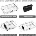MAJALiS Dish Drying Rack Over The Sink, Expandable Stainless Steel Dish Drainer for Small Kitchen Counter Space Saving, RV Compact Plate Strainer In Silver Metal with Hanging Adjustable Utensil Holder