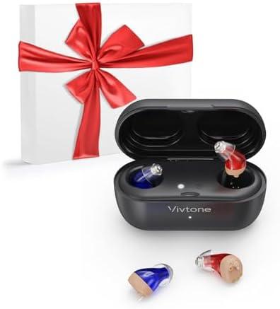 Vivtone Supermini Hearing Aids (Not Amplifiers), Rechargeable Digital Hearing Devices with 16-Channel Sound Processing for Superior Sound Quality, Over-the-Counter, Pair (Blue & Red with Black Case)