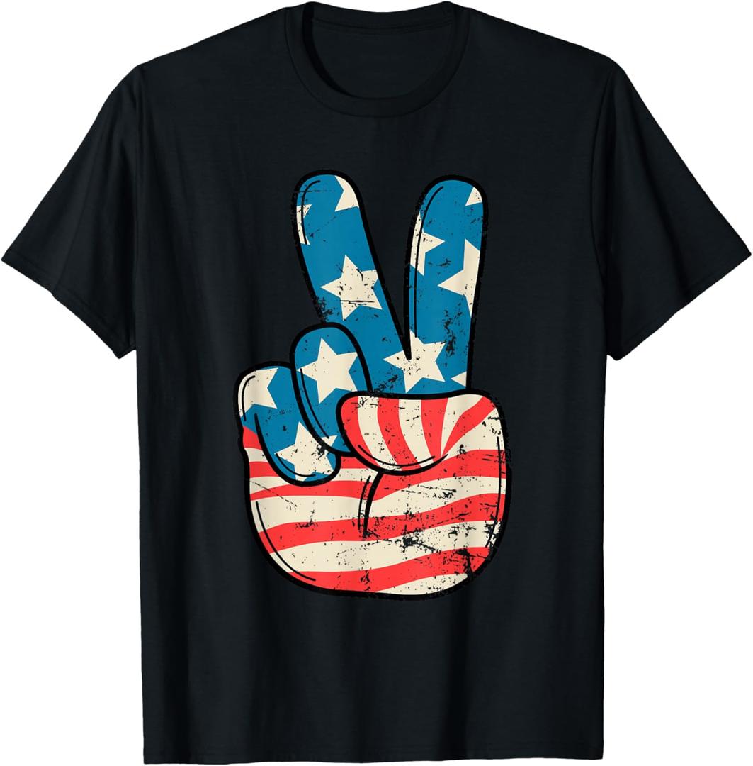 USA Flag Peace Sign Hand 4th of July Patriotic Men Boys T-Shirt