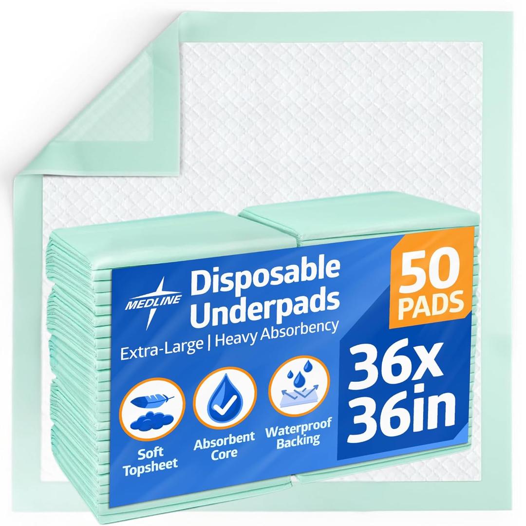 Medline Super Absorbent Underpad, 36" x 36", 50 Count, Extra Large Disposable Incontinence Pads, Protective Bed Pads, Chucks, For Kids, Adults, Elderly, Furniture & Surface Protection Pee Pad, 2 Pack